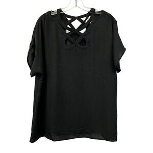 Esley Semi Sheer Caged Neck Line Short Sleeve Blouse Black Womens Size Medium